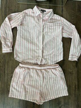 New Look Pink and White Striped Button-Up matching Set with pockets